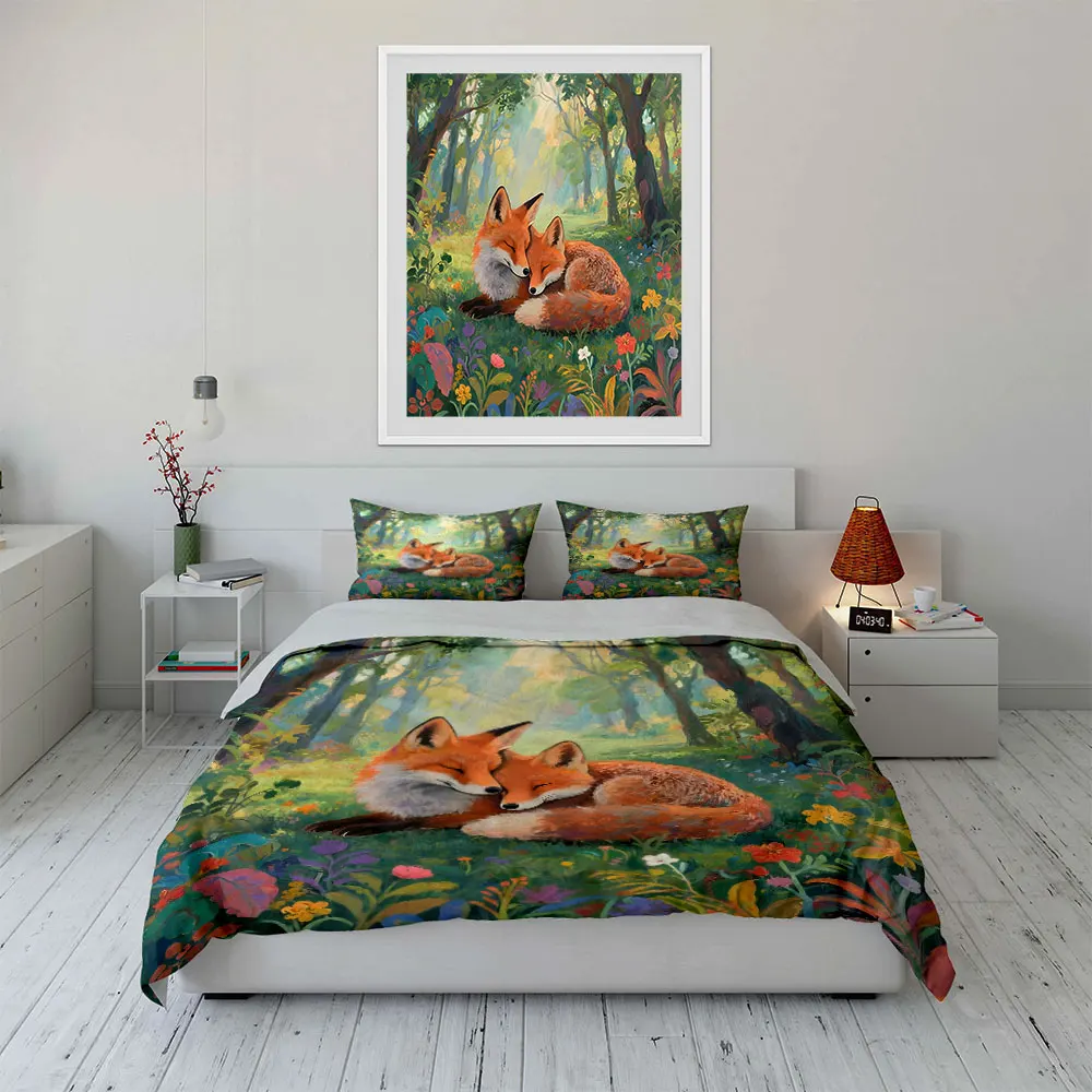 Warm foxes cuddling in forest Print Soft Comfortable Duvet Cover Bedding Set Included 1*Duvet Cover  2*Pillowcases Luxury gifts
