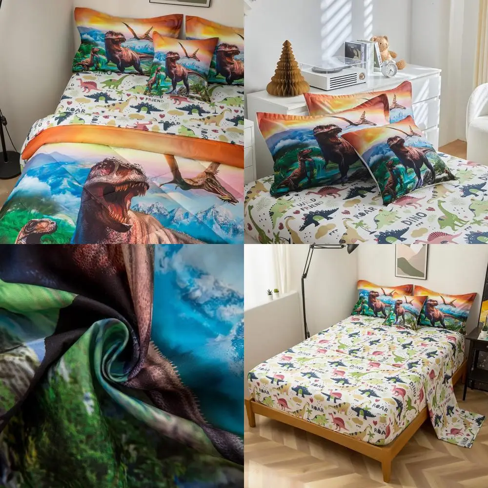 

Полноразмерный комплект одеял с 3D динозаврами для мальчиков — постельное белье на тему Т-Рекса в джунглях с разноцветными динозаврами, мягкими простынями и наволочками для