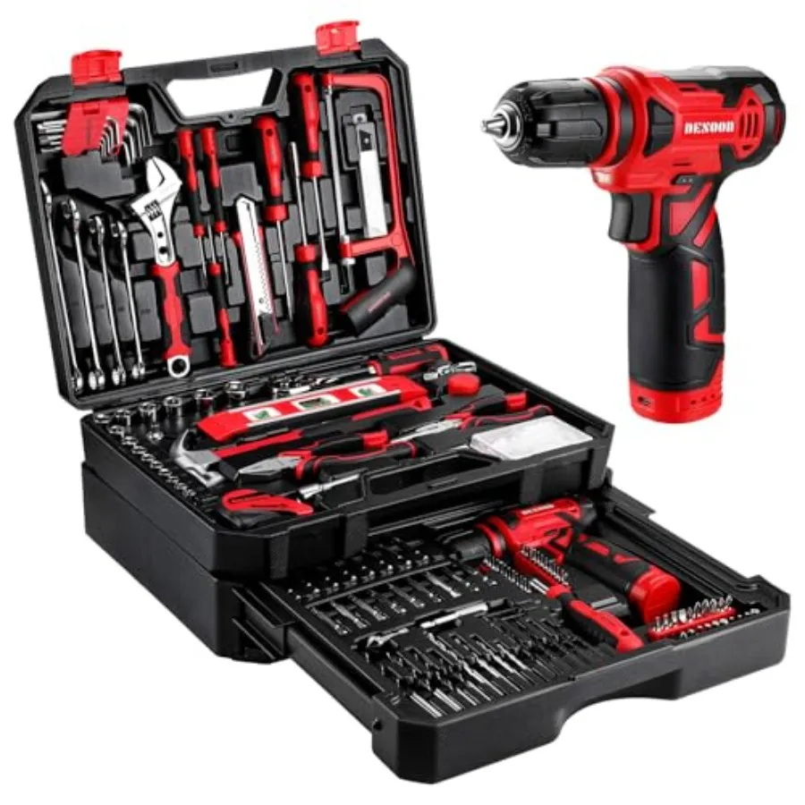 

259-Piece Tool Box Drill Set with 12V Cordless Power Drill, Household and Mechanic Hand Tool Set with Battery Drill for DIY Hom