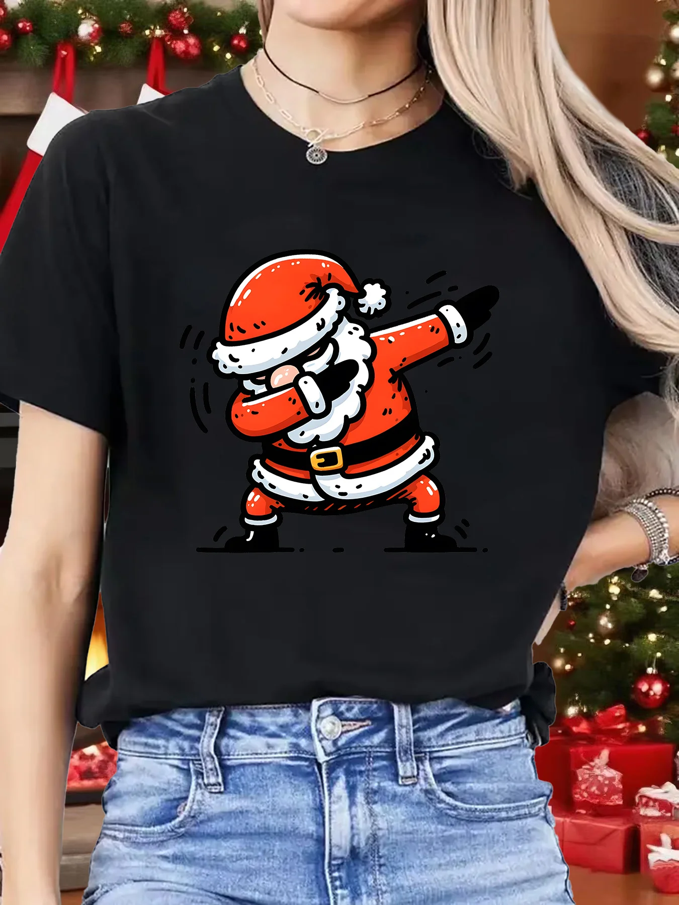 Women Crew Neck Tee Dabbing Santa Claus Graphic Print Short Sleeve Loose Ladies Summer Soft Cotton Plus Size Casual Street Top