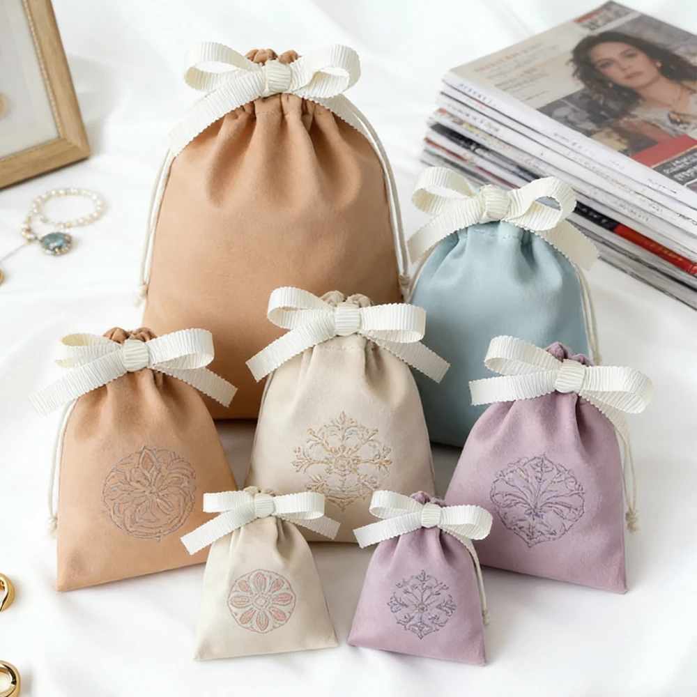 

50pcs Personalized Logo Jewelry Flannel Velvet Bag With Ribbon Gift Pouches Wedding Gift Packing Rings Cosmetic Party Decoration