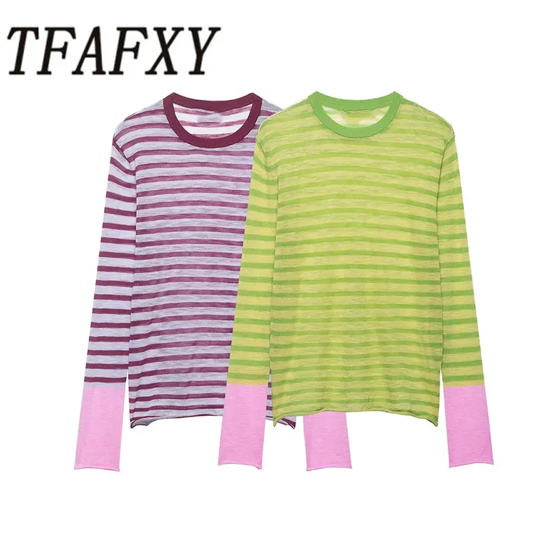 TFAFXY Lässiges, durchscheinendes, gestreiftes, gestricktes Damen-Oberteil, 2026 Frühling, langärmelig, O-Kragen, Damenpullover, Y2K