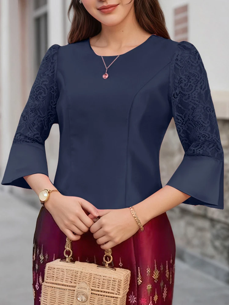 ZANZEA Elegant Flare Sleeve Work Shirt Office Lady Blouse Stylish Women Lace Patchwork Tops Satin Slim Fit Blusas Tunic Femme