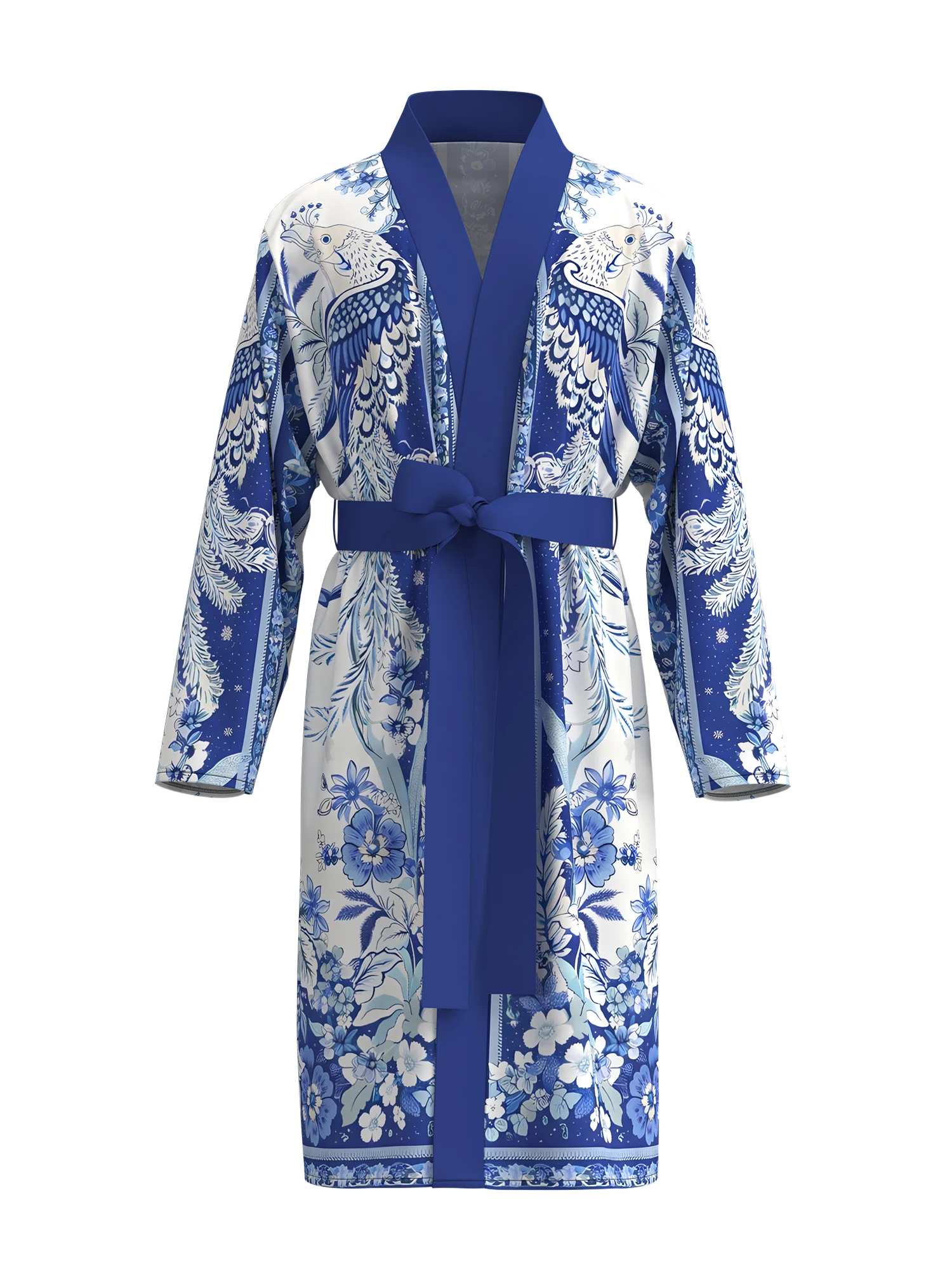 

Men's blue and white peacock flower bathrobe Chinese blue and white porcelain style long-sleeved home clothes casual nightgown