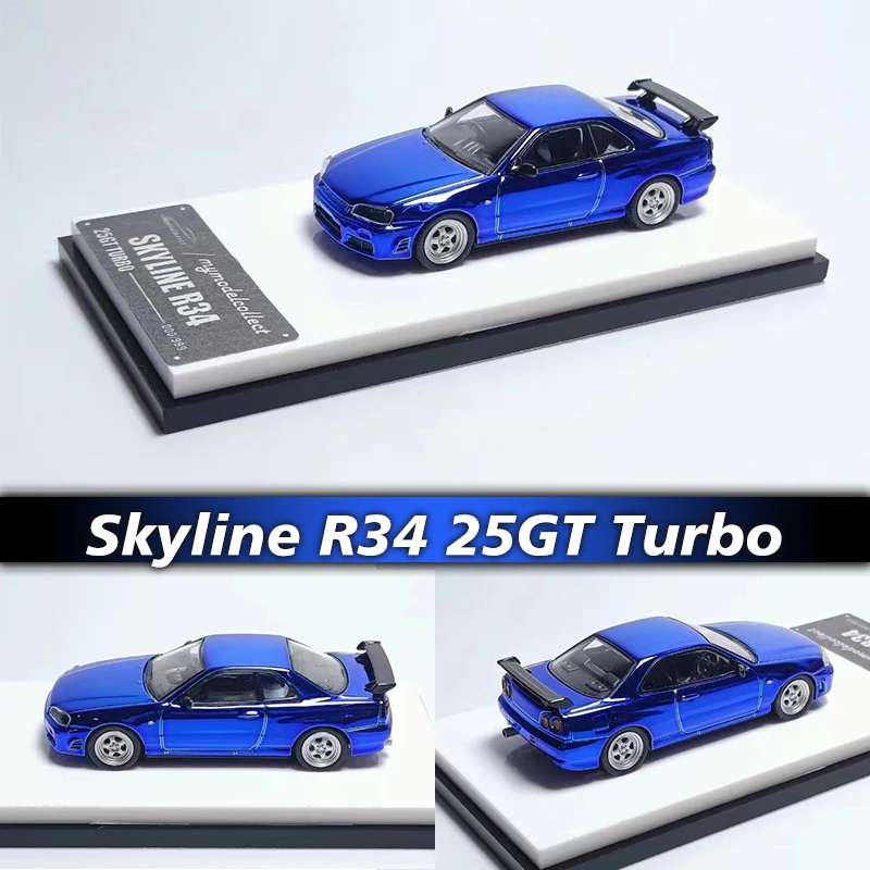 PreSale MC 1:64 Skyline GTR R34 25GT Turbo Chrome Blue Diecast Diorama Car Model Collection Miniature Toys