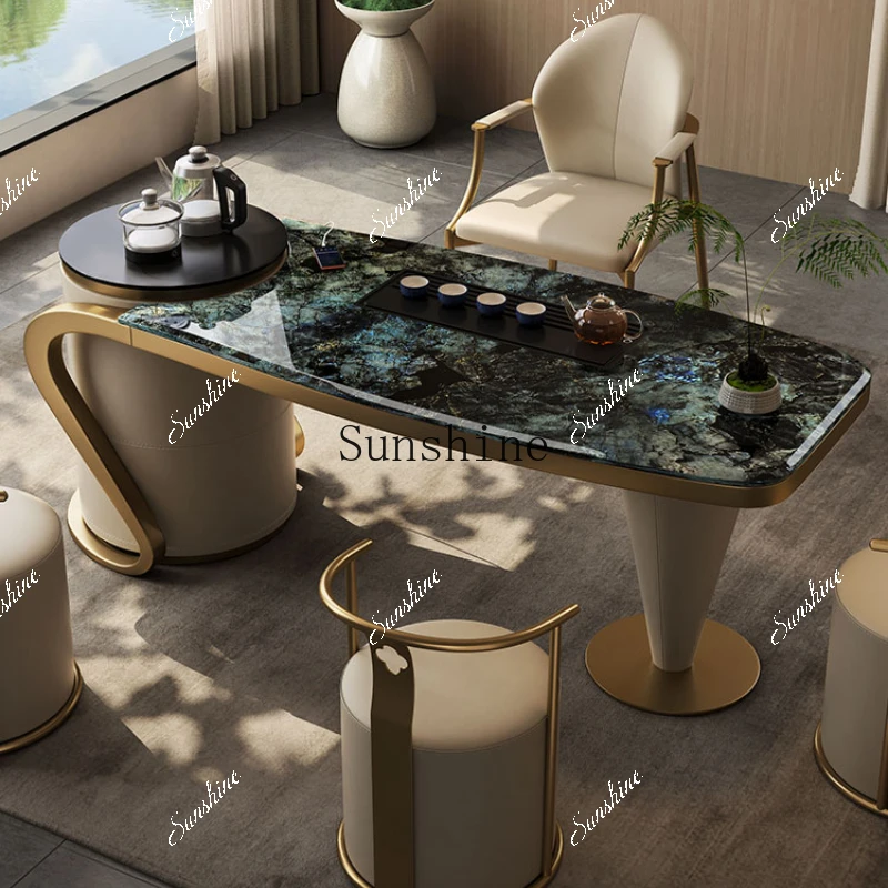 Blue jadeite luxury stone desk integrated natural marble high-end balcony tea table simple and modern  FT