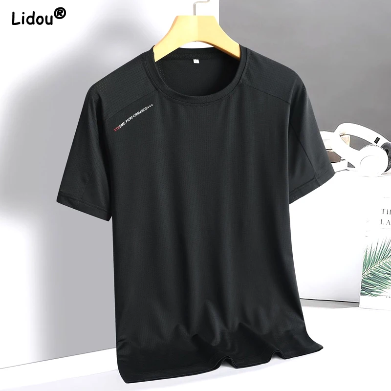 

2023 Men's Clothing Summer Thin Fashion Loose Solid Color Short Sleeve Hollow Out Round Neck Sports Quick Dry Casual T-Shirts