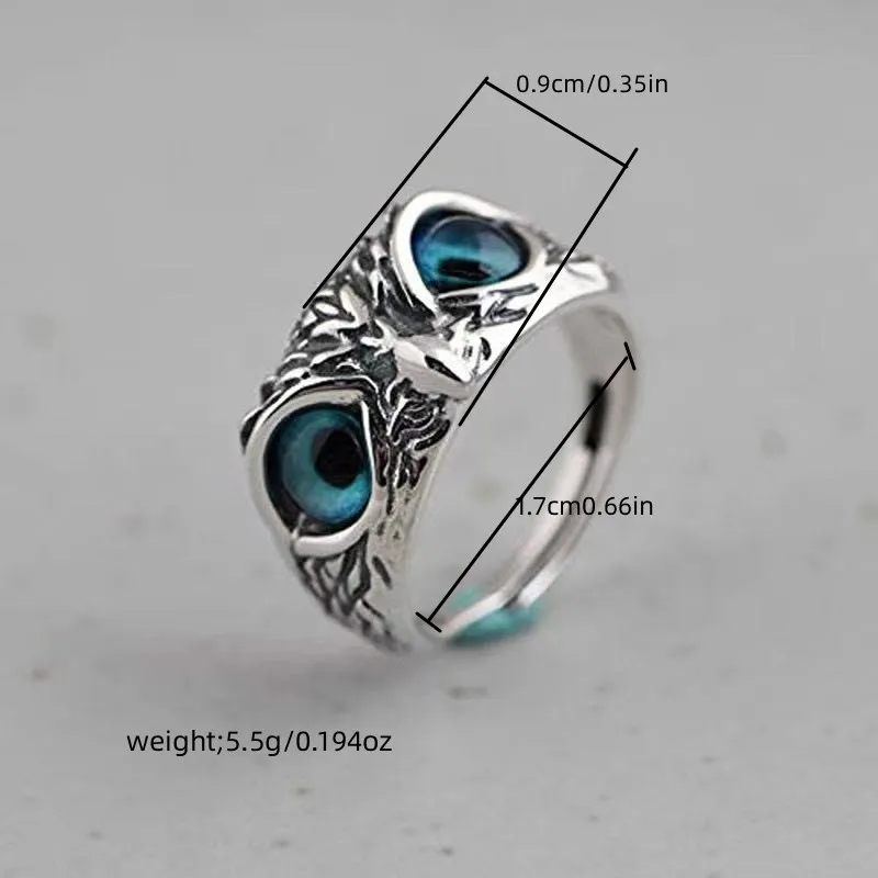 Retro animal opening adjustable blue eyed owl ring for couples image 3