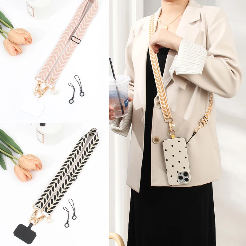 

Adjustable Leaf Shaped Phone Lanyard With Pearl Pendant Hanging Around The Neck For Easy Outdoor Carrying And Loss Prevention