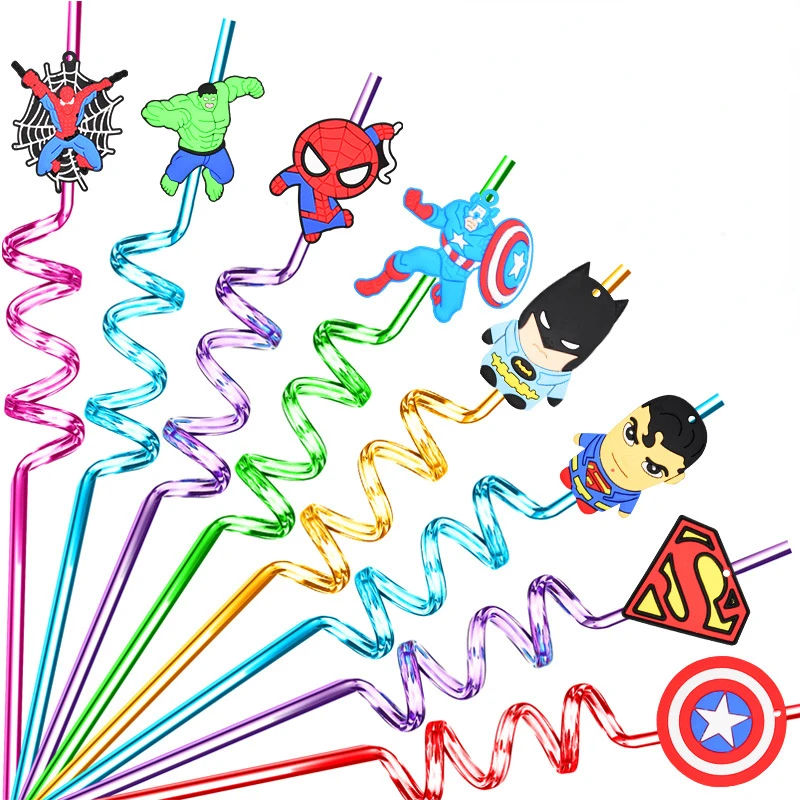 Wholesale 12PCS/lot Marvel Superhero Kids Straws Movie Character Bar Party Faver Straws Reusable Safety Plastic Spiral Straws