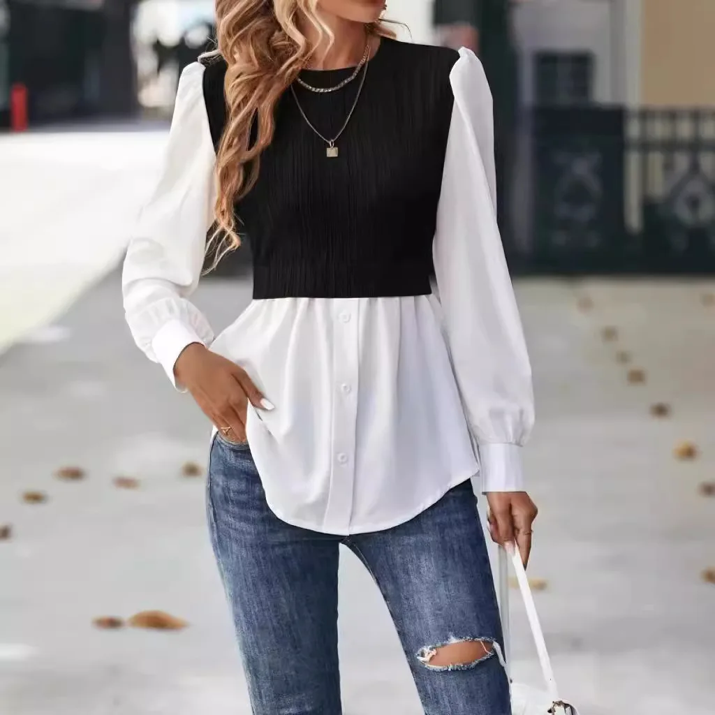 Elegant Women Blouse Long Sleeve Shirts Stripe Patchwork Fashionable Top Women's Shirt Camisas Mujeres Tendencias Blusa Feminino