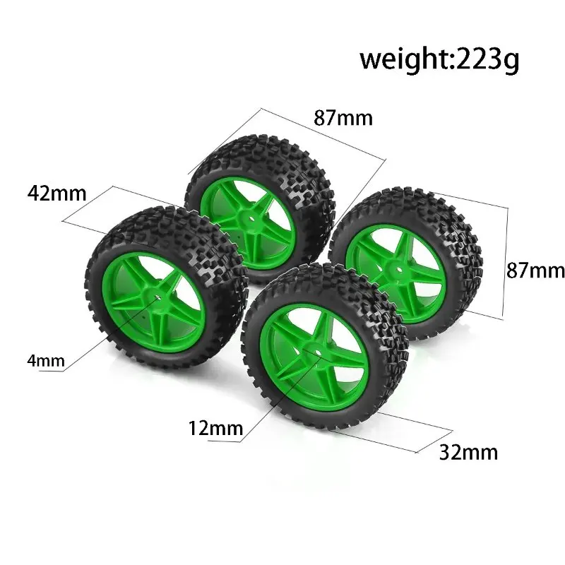 4pcs 87mm Off Road Tires Plastic Wheel Rim Rubber Tyre for 1:10 RC Car HSP 94107 94166 94106 94155 Tamiya Wltoys 144001