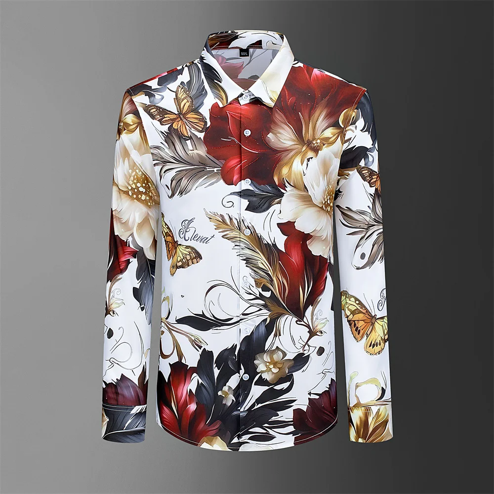 2025 Camisa de manga larga con estampado de flores Retro para hombre, Camisa barroca de lujo, trajes de Club Social, Camisa Masculina