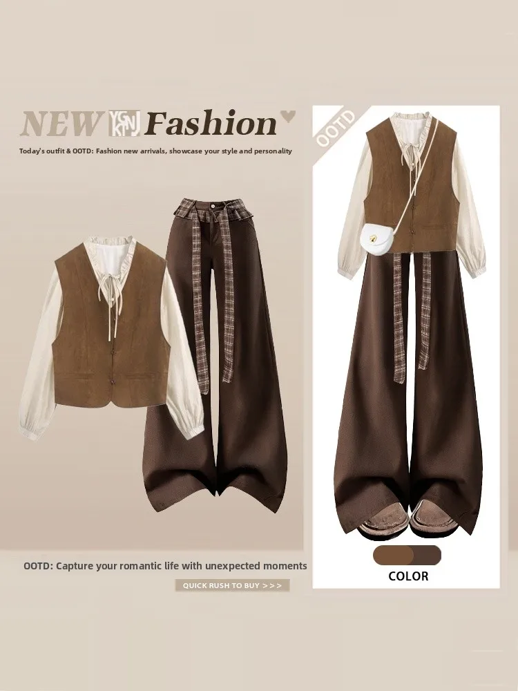 Conjunto Retro Tawny irt con cinturón de encaje y pantalones de pierna ancha, conjunto de piezas de camiseta Ele Otoño Invierno Faion, conjunto de mujer