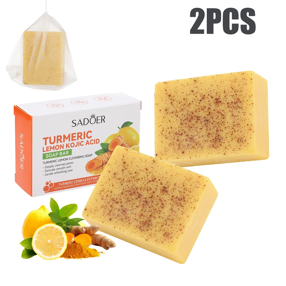 

2PCS Lemon Turmeric Kojic Acid Soap Deep Face Cleansing Body Wash Handmade Soap Skin Brightening Whitening Soap Fade Dark Spots