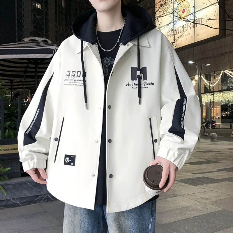 Hat Detachable Casual Jackets 2026 Spring Autumn Men's Streetwear Single Breasted Loose Hooded Coats Youth Fashion Tops Clothing