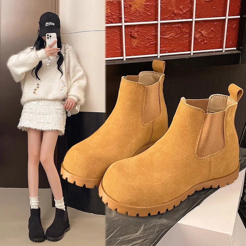 

2025 Retro Thick Bottom Boots Women's Autumn New Frosted Leather Short Boots Style Round Toe Rubber Sole Boot