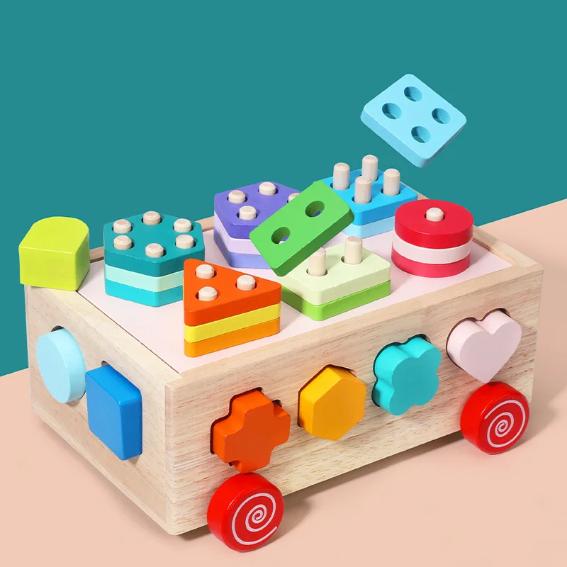 Wooden Shapes Sort Car Toys Montessori Early Education Puzzles Sorter Matching Blocks Box Game Holiday Gifts For Children