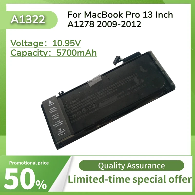 10.85V 5700mAh A1322 Replacement Laptop Battery Compatible with A-p-p-l-e MacBook Pro 13 Inch A1278 2009-2012