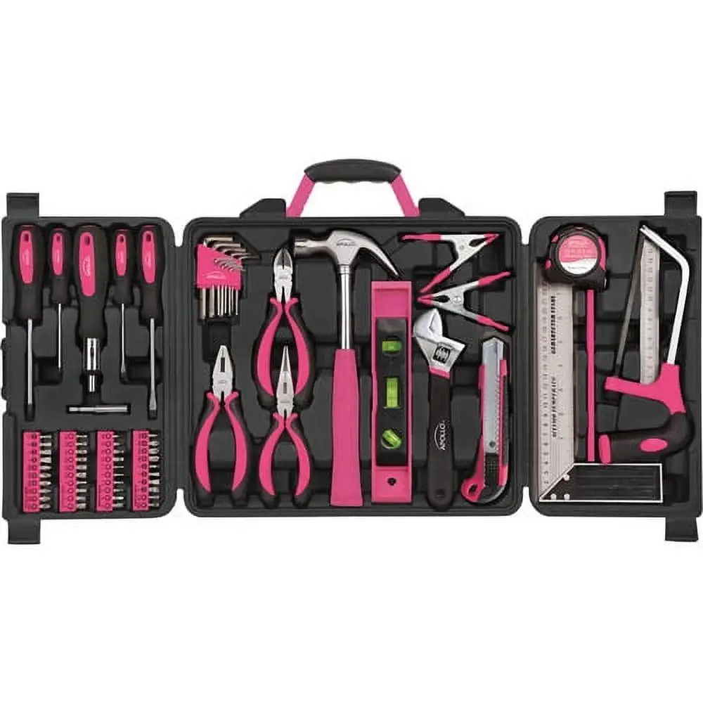 71-Piece Pink Household Tool Kit with Blow-Molded Case Magnetic Bits Holder Tape Measure Metal Clamps Ruler Carpenter Pencil and