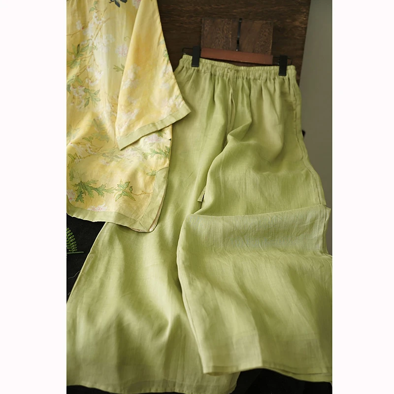 새로운 여름 여성용 밴딩 와이드 레그 팬츠 고품질 라미 프린트 빈티지 싱글 브레스티드 루즈 블라우스 투피스 세트 D003