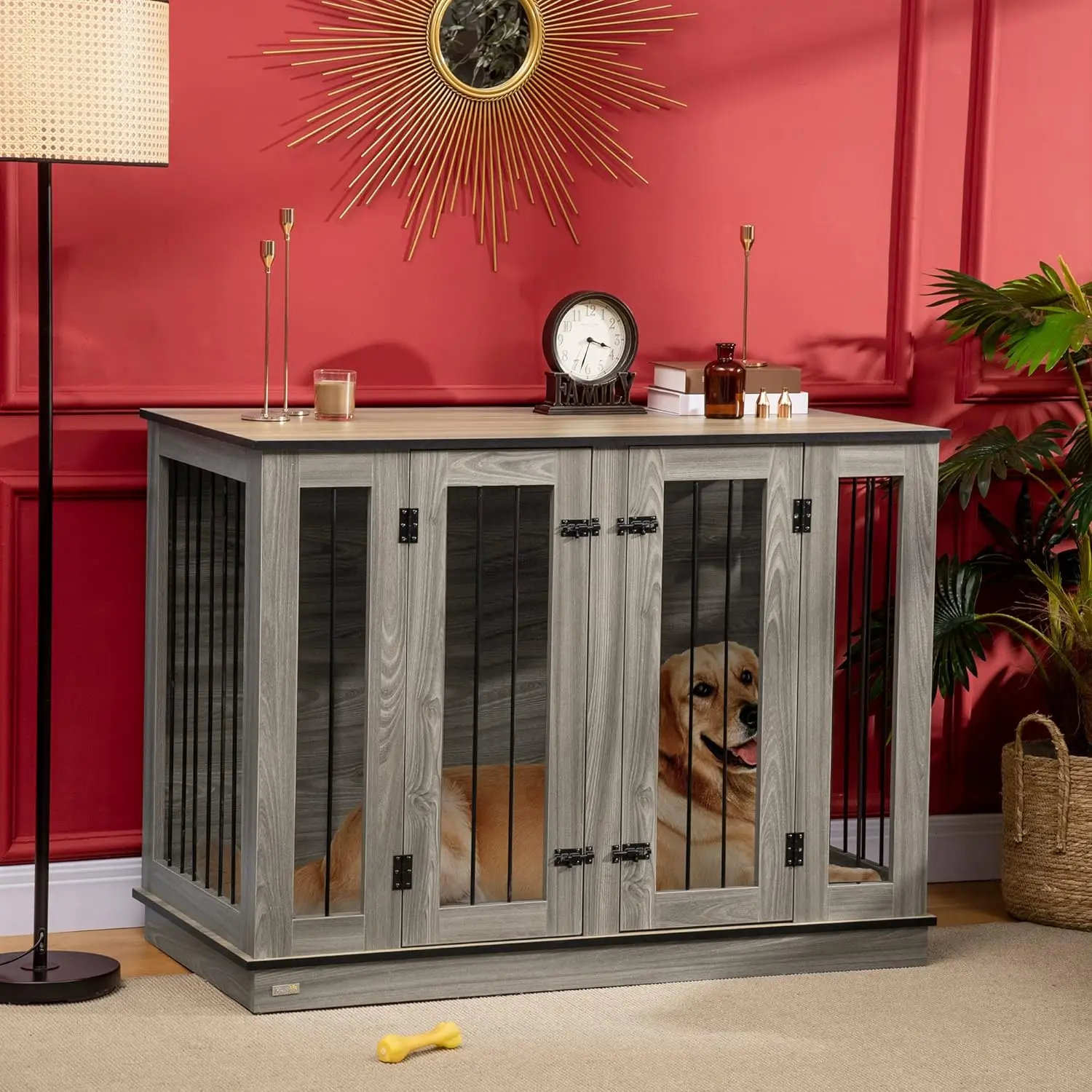 PawHut Furniture Style Dog Crate with Removable Divider, Dog Crate Side End Table Indoor with Double Doors, for Small to Large