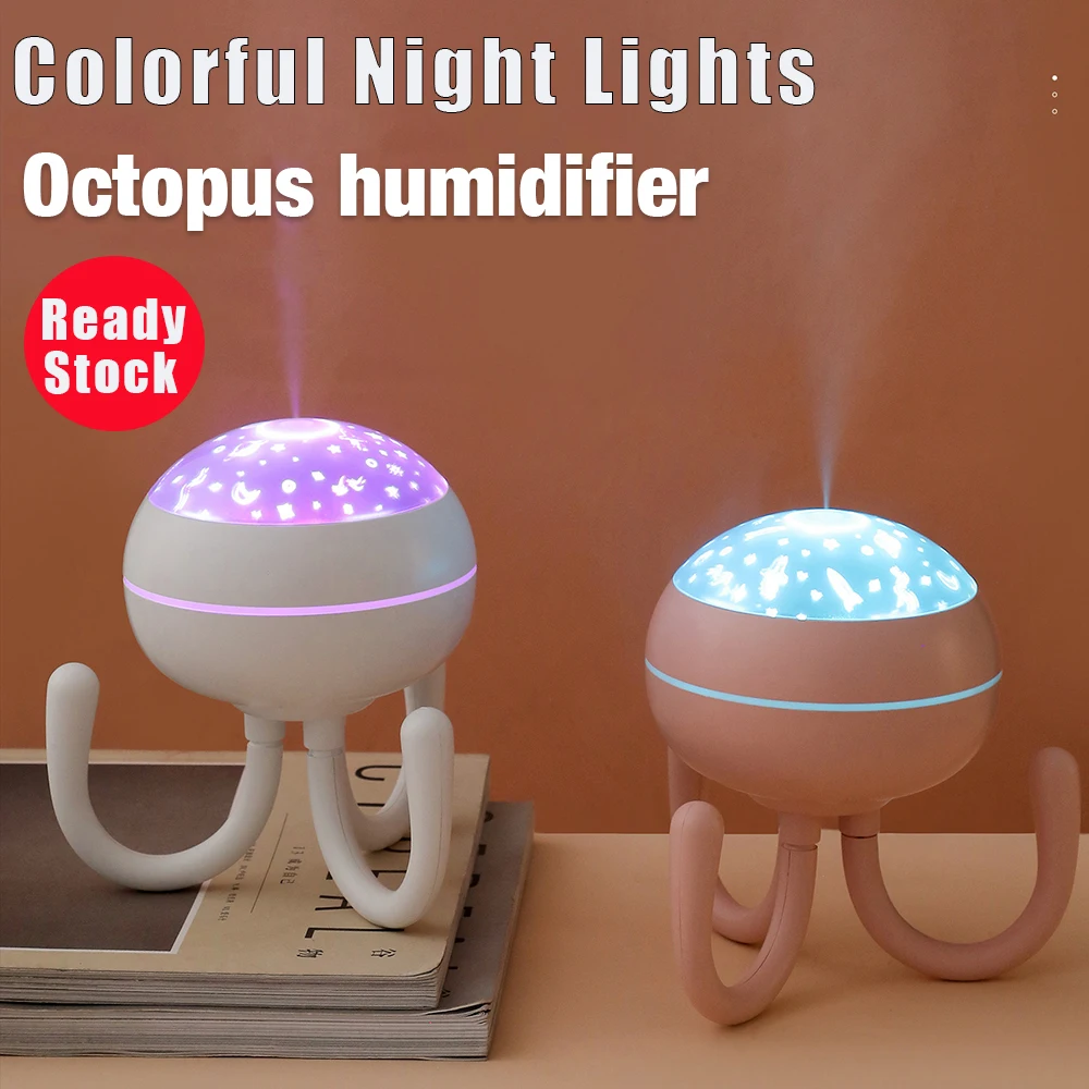 Octopus Humidifier USB Mini Air Humidifier Desktop Water Supply Atomizer Diffuser LED Projection Night 200ML Light Mist Purifier