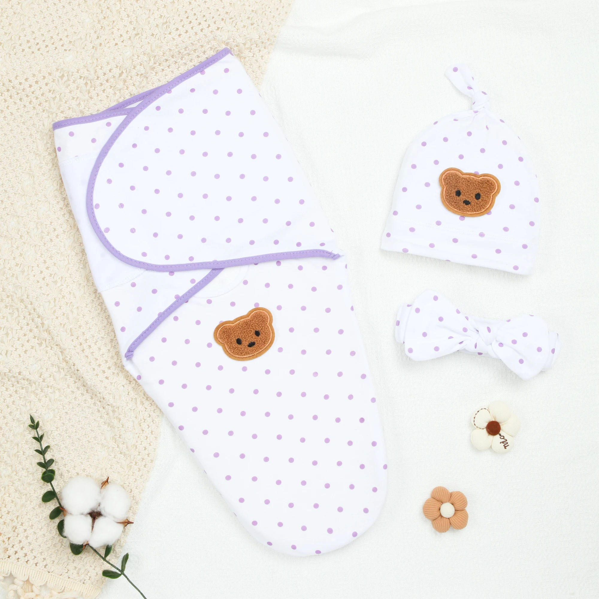 

Дышащее однотонное одеяло-пеленка для девочек, комплект для новорожденных: пеленка, шапочка и повязка на голову, из мягкого хлопка, с принтом в горошек