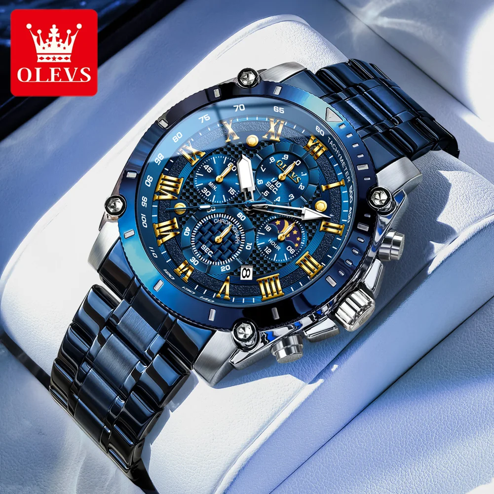 

OLEVS Новые роскошные оригинальные кварцевые часы для мужчин, многофункциональные часы с фазами Луны, хронограф, водонепроницаемые, светящиеся в темноте.