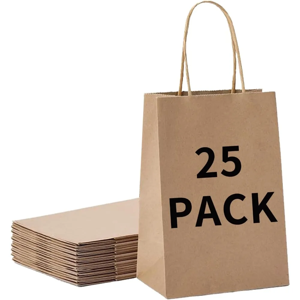 

BAG BOX 25 Pcs Medium 8.25x4.3x10.6 Inch Brown Kraft Paper Gift Bags with Handles for Bulk Wedding, Party Favors, Grocery, Shopp