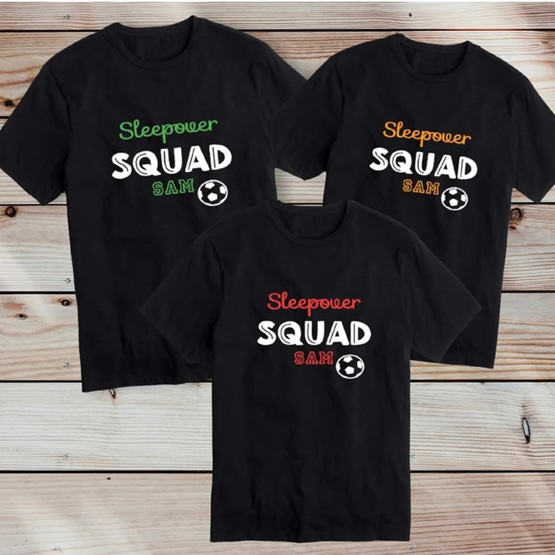 Personalised Sleepover Squad T-Shirt Boys Football Team Colours Top with Names Gift Present Mummy Personalised Family T Shirt