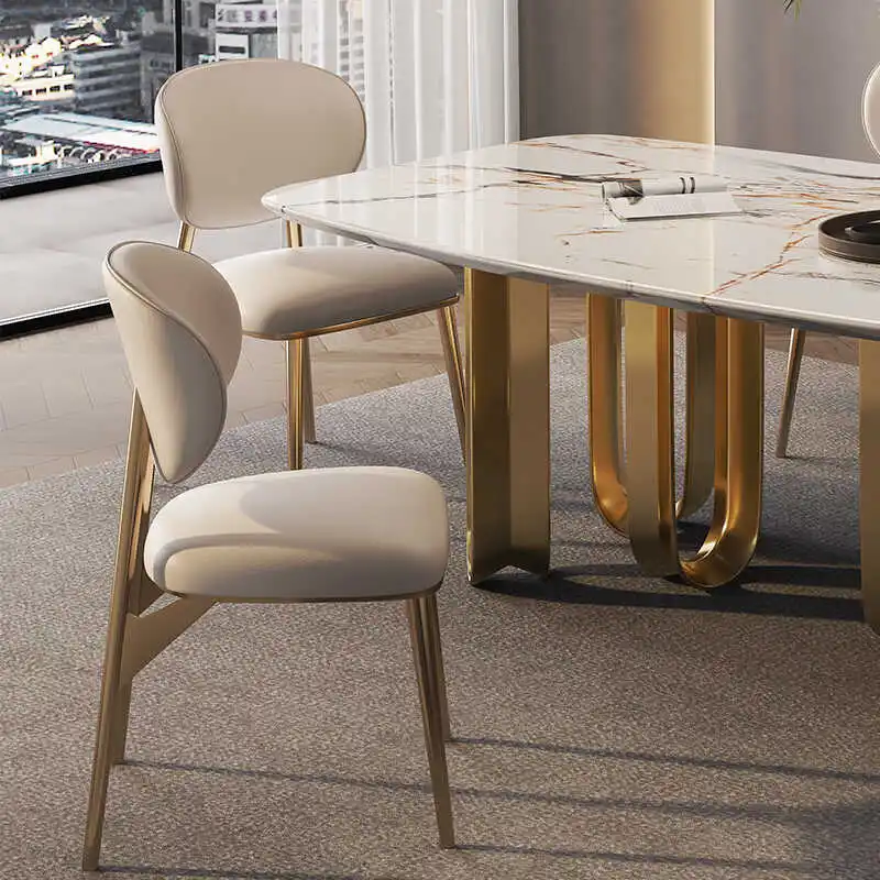 Golden Luxury Modern Dining Chair Leather Top Layer Cowhide Backrest Chair Stainless Steel 화장대 의자 좌식 의자 Dining Room Furniture