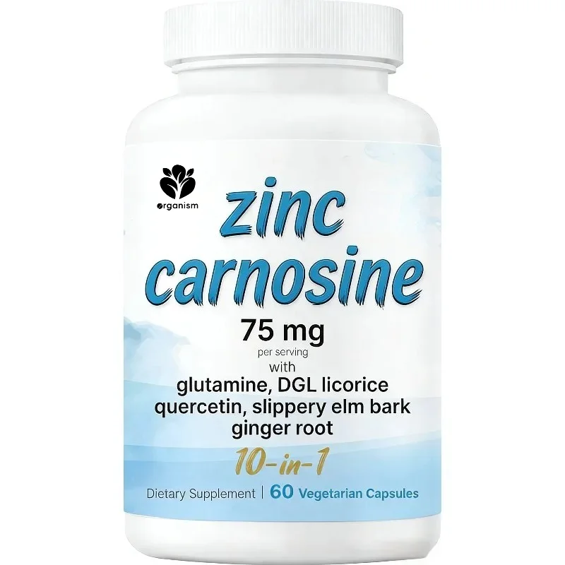 Men's and women's 10 in 1 zinc supplement capsules contain glutamine, DGL licorice, quercetin, smooth elm bark, and ginger root