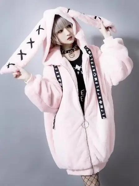 Dophee Japanese Cute Plush Coat Women New Autumn Winter Gothic Y2k Rabbit Ears Hooded Thicken Wadded Jacket Warm Fur Overcoat