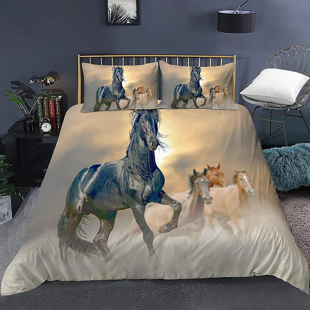 3D Animal Printed Duvet Cover Set Domineering Galloping Horse Bedding Set Soft 2/3pcs Polyester Quilt Covers with Pillowcase