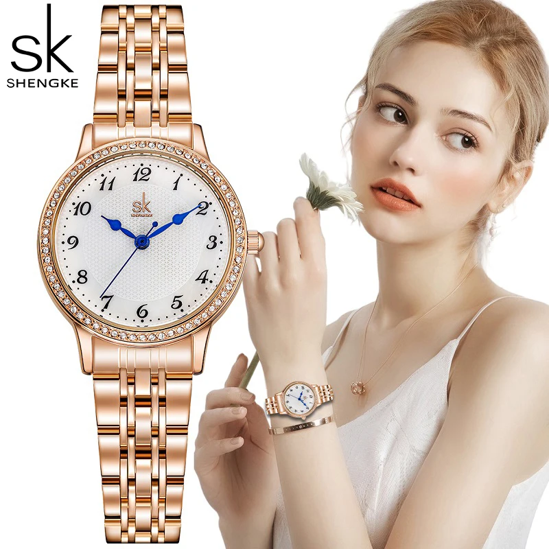 Top Brand Shengke Women\'s Watch Stainless Steel Rose Gold Simple Waterproof Luminous Ladies Watches Luxury Quartz Elegant Clock