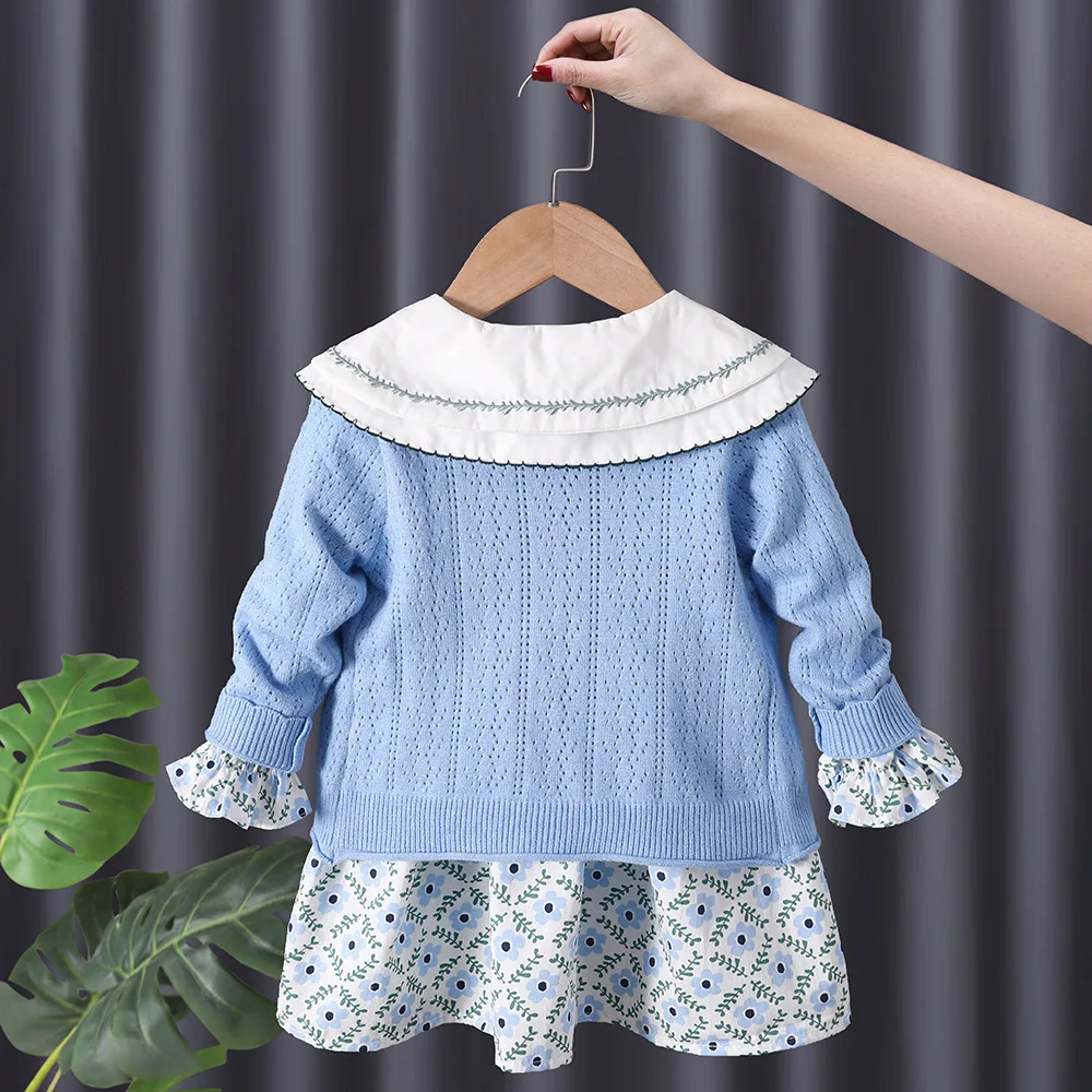 女の赤ちゃんドレスセット春夏長袖花プリンセスドレスブルーニットカーディガン 2 個セットカジュアル女の子服