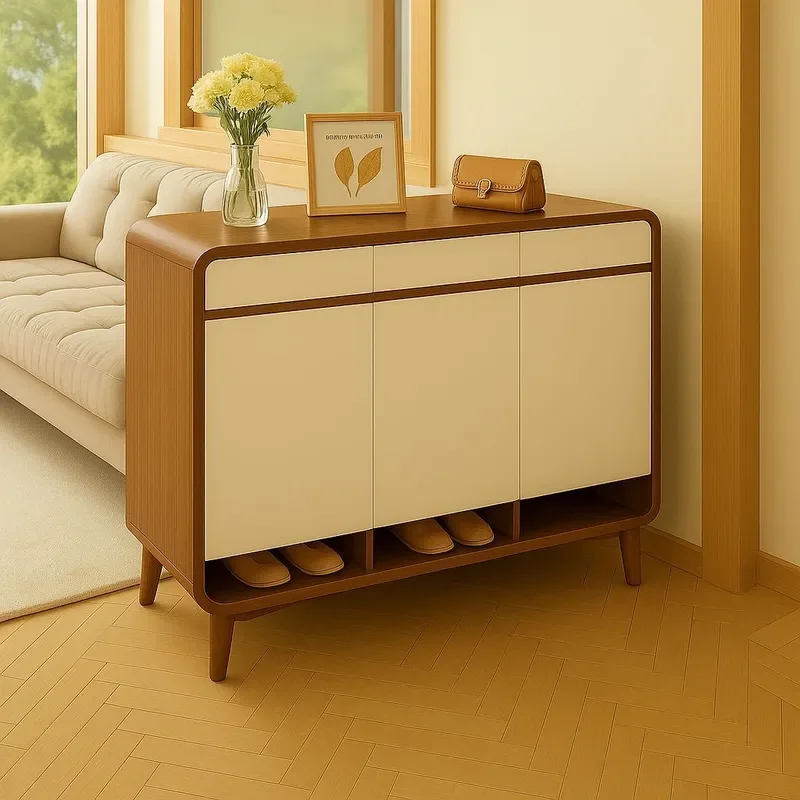 Solid Wood Shoe Cabinet Large Capacity Home Storage Locker Simple Shoe Rack for Entryway Balcony Integrated Door Design