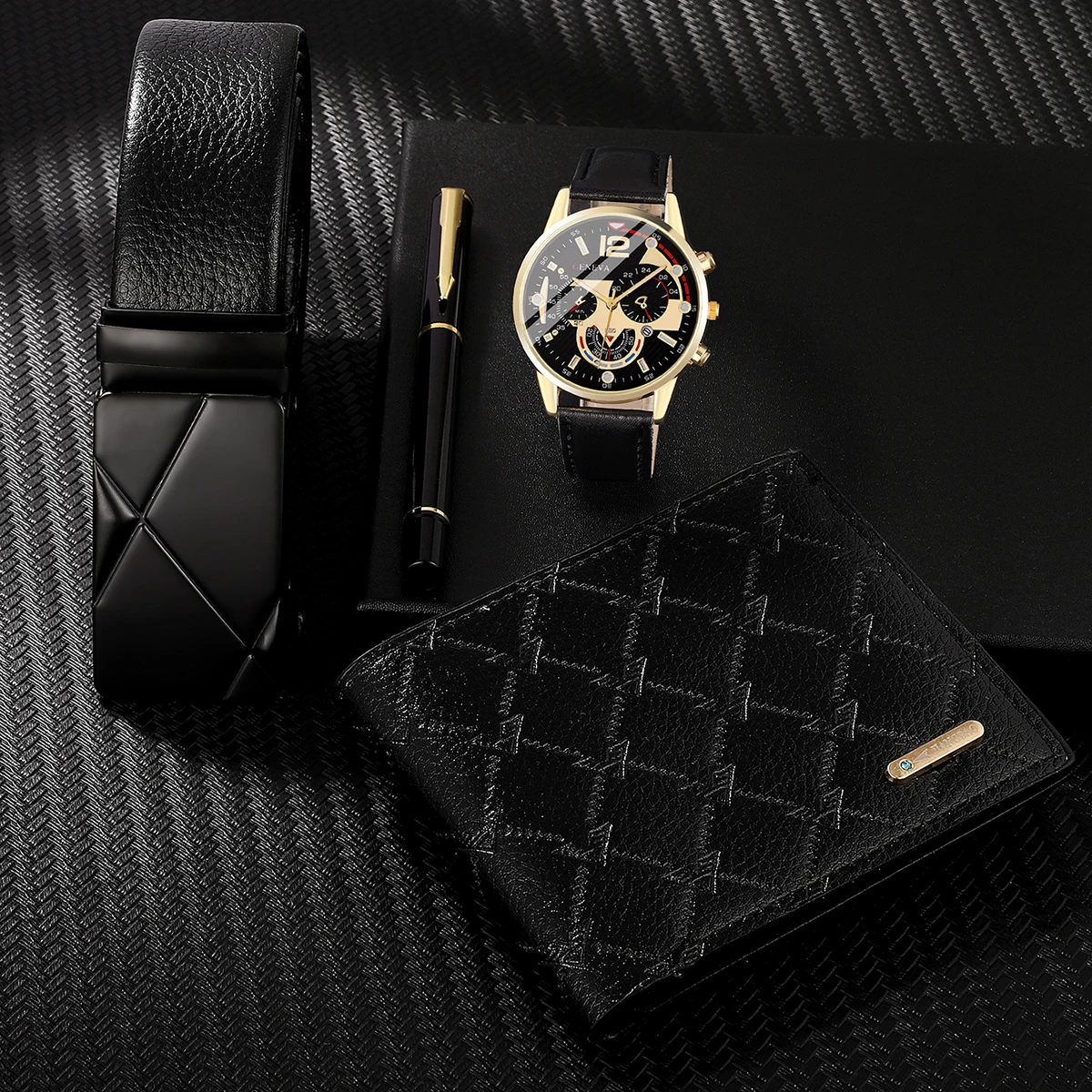 4Pcs/set Men\'s Fashion Watch Business Trend Calendar Pu Leather Quartz Watch With Men\'s Trend Belt Wallet Pen Set