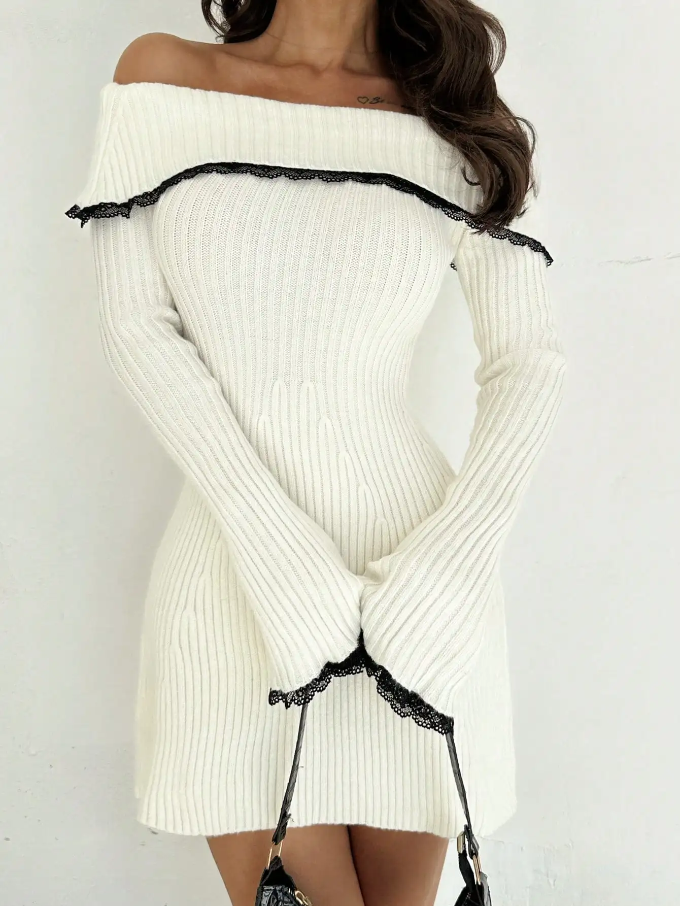 

White Off-Shoulder Lace Trim Ribbed Sweater Dress, Long Sleeve Cinched Waist Mini A-Line for Autumn Winter