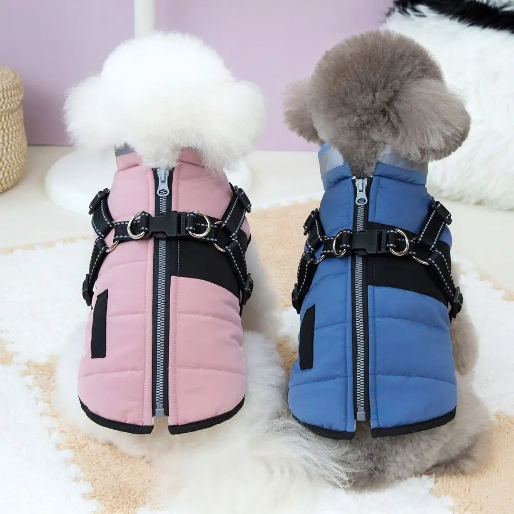 

Fashion Adjustable Dog Warm Jacket Waterproof Zipper Windproof Puppy Clothes with Harness Padded Warm Pet Down Coat Winter Wear