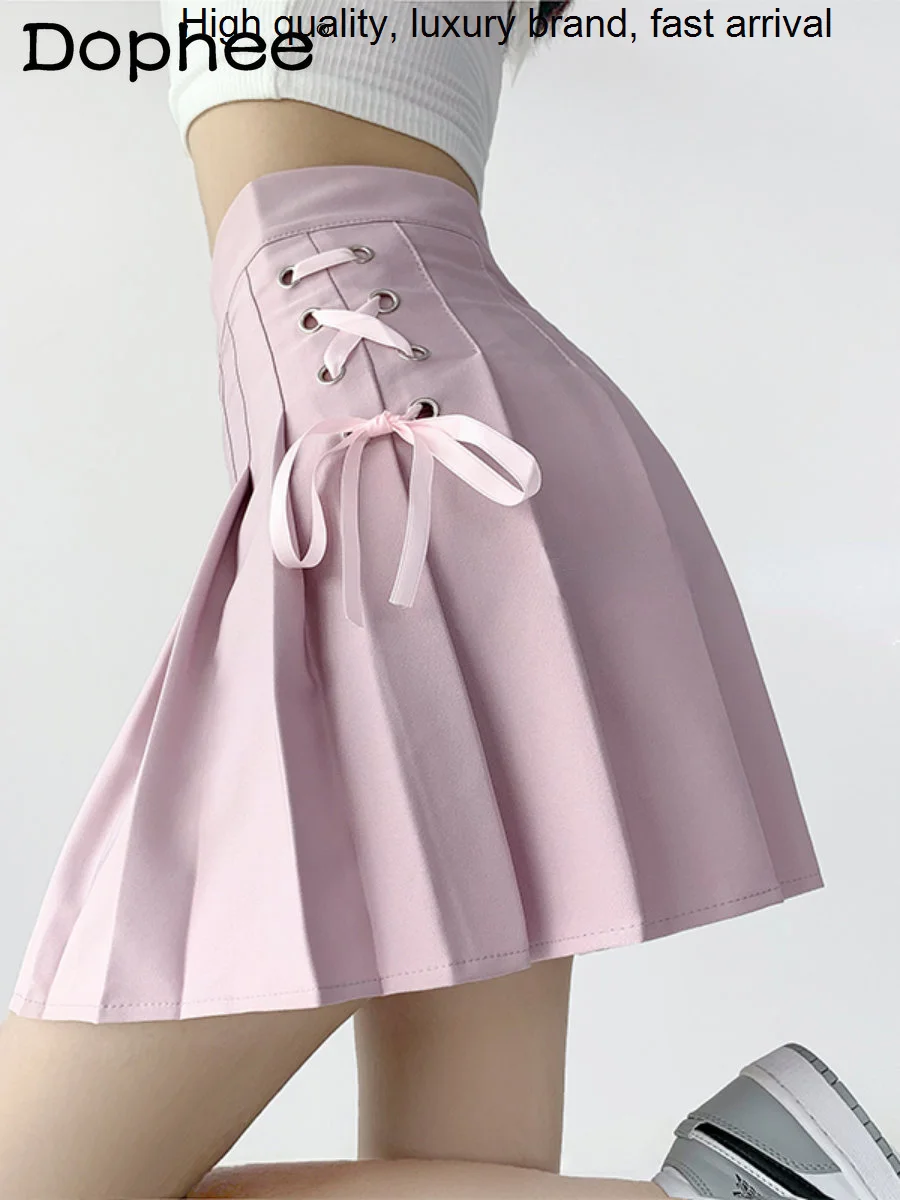 

Suit Pleated Preppy Women 2023 Spring Autumn A- Line Mini Skirt Japanese Style Sweet Girls Lace-up High Waist Faldas