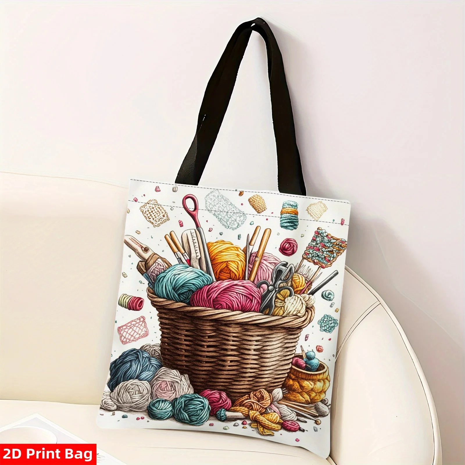 Damen-Einkaufstasche zum Stricken, Häkeln, Basteln, 2D-Druckdesign mit Garnkugeln, Nadeln und Werkzeugen, lässige Umhängetasche aus strapazierfähigem Polyester