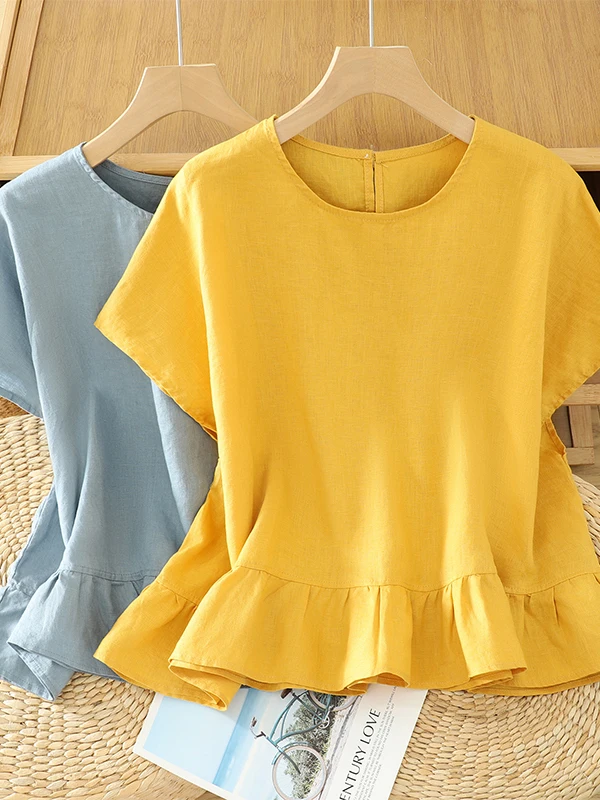 

Loose Women's T-Shirt Sleeveless Pure Color Oversize Artistic Design Ruffle Hem Top Casual Summer Vintage Style Short Sleeve