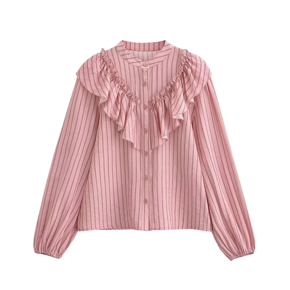 

Women's Fashion Casual Layered Striped Shirt Top Pink And Brown Striped With Ruffled Chest Details Long Sleeves Button ZDQ2