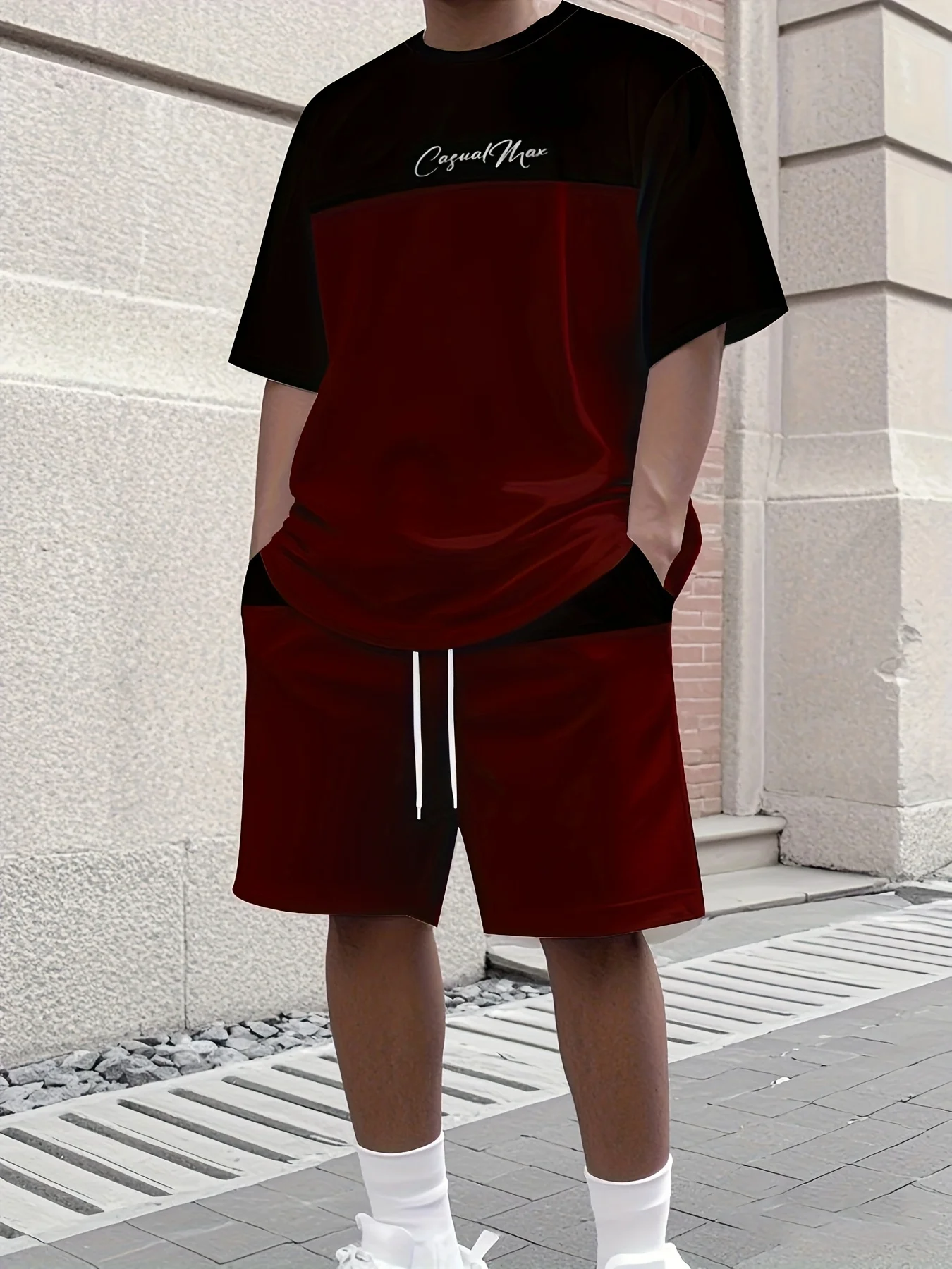 Męski zestaw: T-shirt z nadrukiem liter i szorty, oversize, luźny krój, krótki rękaw, odzież męska na letnie wakacje, 2025