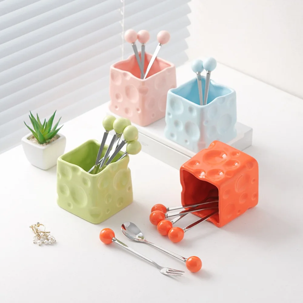Cream Style Ceramic Pen Holder Fruit fork Multifunctional Ceramic Storage Jar Desktop Stationery Makeup Brush Holder