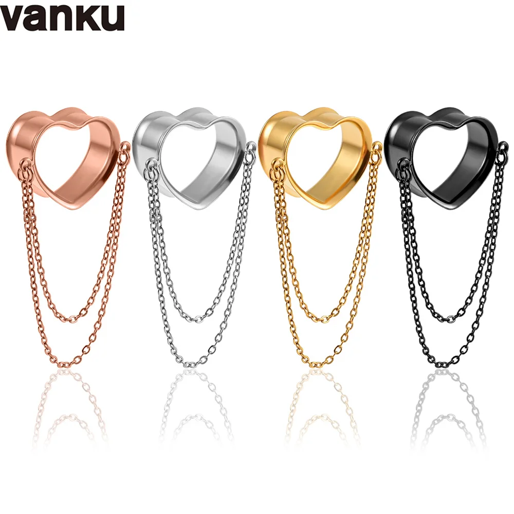 Vanku 2PCS New Punk Heart Chain Ear Plugs Tunnels Gauges Stretchers Expander Body Piercing Jewelry for Women