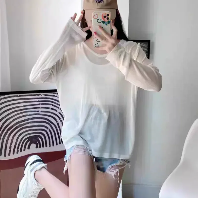 Long Sleeve T-shirt Women Solid Simple Transparent Summer Breathable Sunscreen Popular Hot Sale 2024 Slouchy Ins Stylish Temper