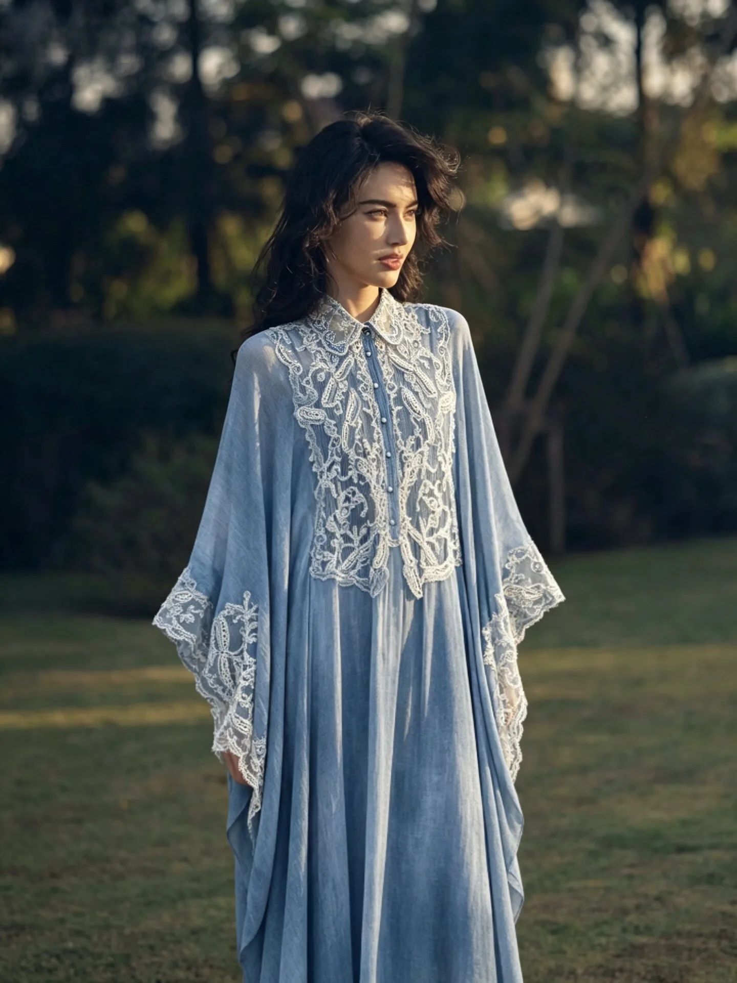 Ladies Blue Dress Long Fashion Embroidered Silk Dress Elegant Transparent Lace Dress Loose